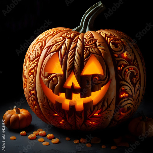 Halloween pumpkin background featuring spooky jack-o-lanterns on a black backdrop, perfect for autumn celebrations	