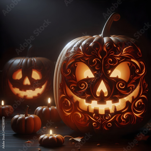 Halloween pumpkin background featuring spooky jack-o-lanterns on a black backdrop, perfect for autumn celebrations	