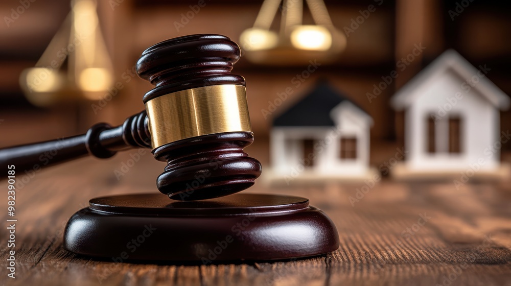 Gavel on wooden desk in courtroom with model houses, legal decision, real estate law, property auction, home dispute, justice system Gavel on wooden desk in courtroom with model houses, legal decision, real estate law, property auction, home dispute, justice system