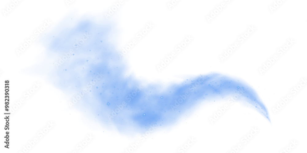 Fototapeta premium Magic blue cigarette smoke. Magic blue smoke with glitter and small particles of twinkling stars. Fog with luminous particles. Blue vapor with stardust. Morning fog over land or water surface. Magic h