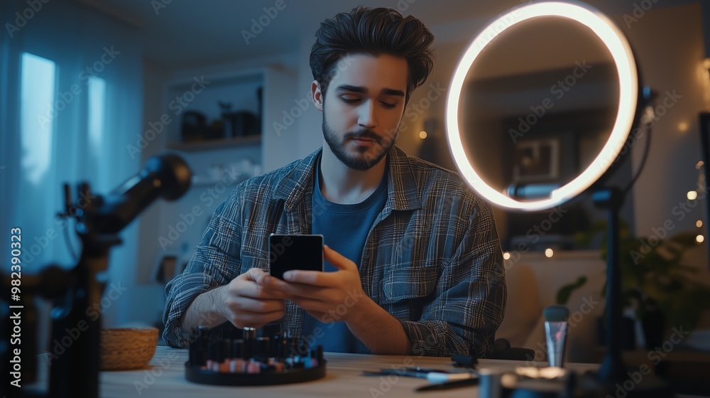 Young man focused on applying skincare in a stylish room with a ring light present during the evening hours Young man focused on applying skincare in a stylish room with a ring light present during the evening hours