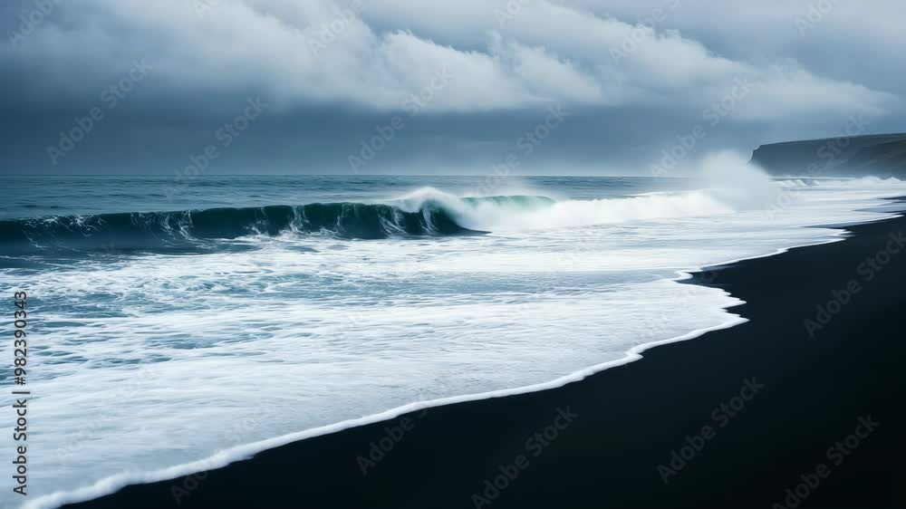 Waves crashing on a black sand beach during a stormy afternoon at the coast Waves crashing on a black sand beach during a stormy afternoon at the coast