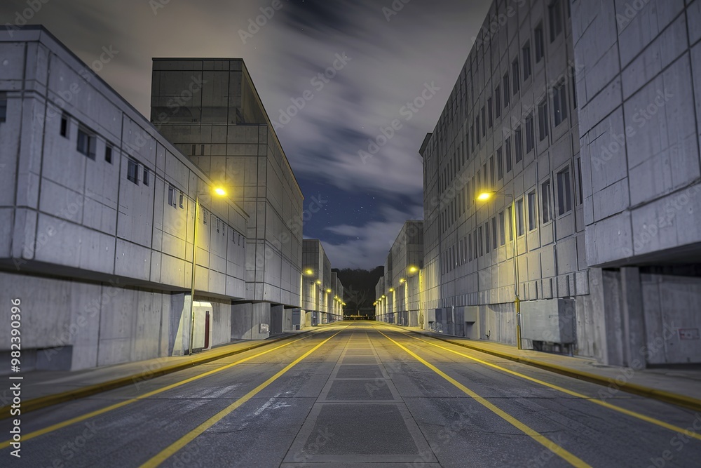 Empty concrete road in the middle of concrete buildings at night Empty concrete road in the middle of concrete buildings at night