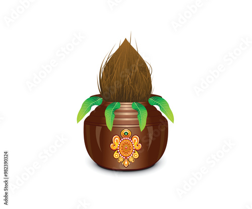 abstract creative artistic copper kalash with coconut.eps