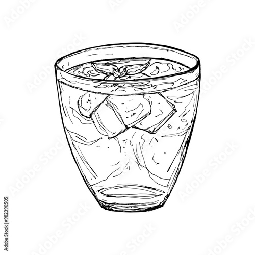Ice tea glass, sketch hand-drawn illustration. Summertime fruit tea vector illustration isolated on white background.