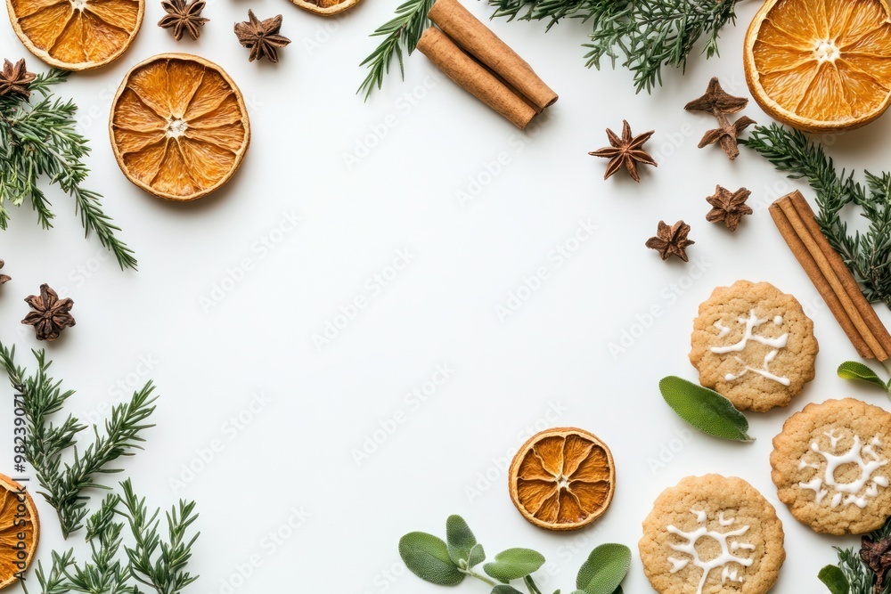 White Background with Dried Oranges, Cinnamon Sticks, Star Anise, and Cookies White Background with Dried Oranges, Cinnamon Sticks, Star Anise, and Cookies