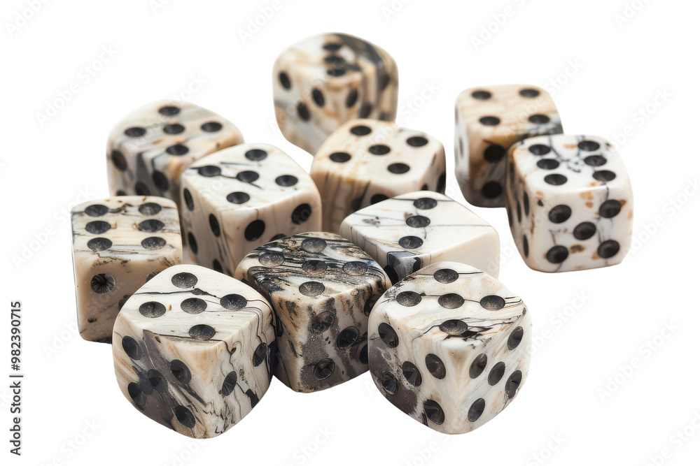 A collection of decorative dice displaying intricate black and white patterns on a white background. A collection of decorative dice displaying intricate black and white patterns on a white background.
