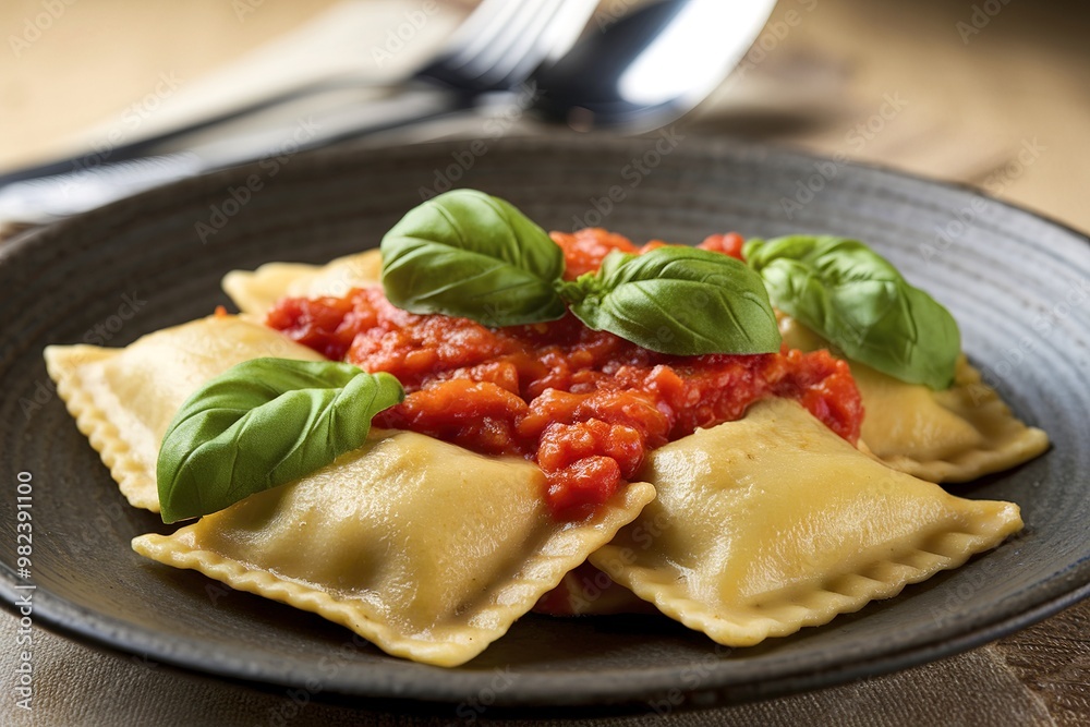 Tasty cooked italian ravioli with tomato sauce and basil served on dark plate Tasty cooked italian ravioli with tomato sauce and basil served on dark plate