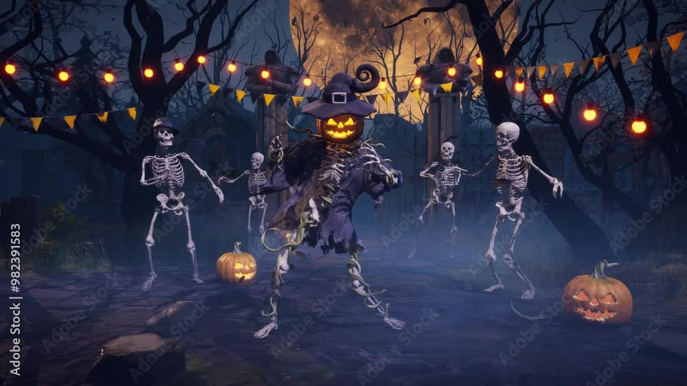 Haunted Halloween party: spooky pumpkin and scary skeletons dances under full moon in misty ancient graveyard. 3D animated background for greeting cards, invitations, posters, events, parties