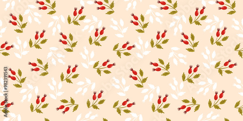 Wallpaper Mural Rosehip branch delicate seamless pattern. Vector background for printing on fabric, paper, packaging, wallpaper. Torontodigital.ca