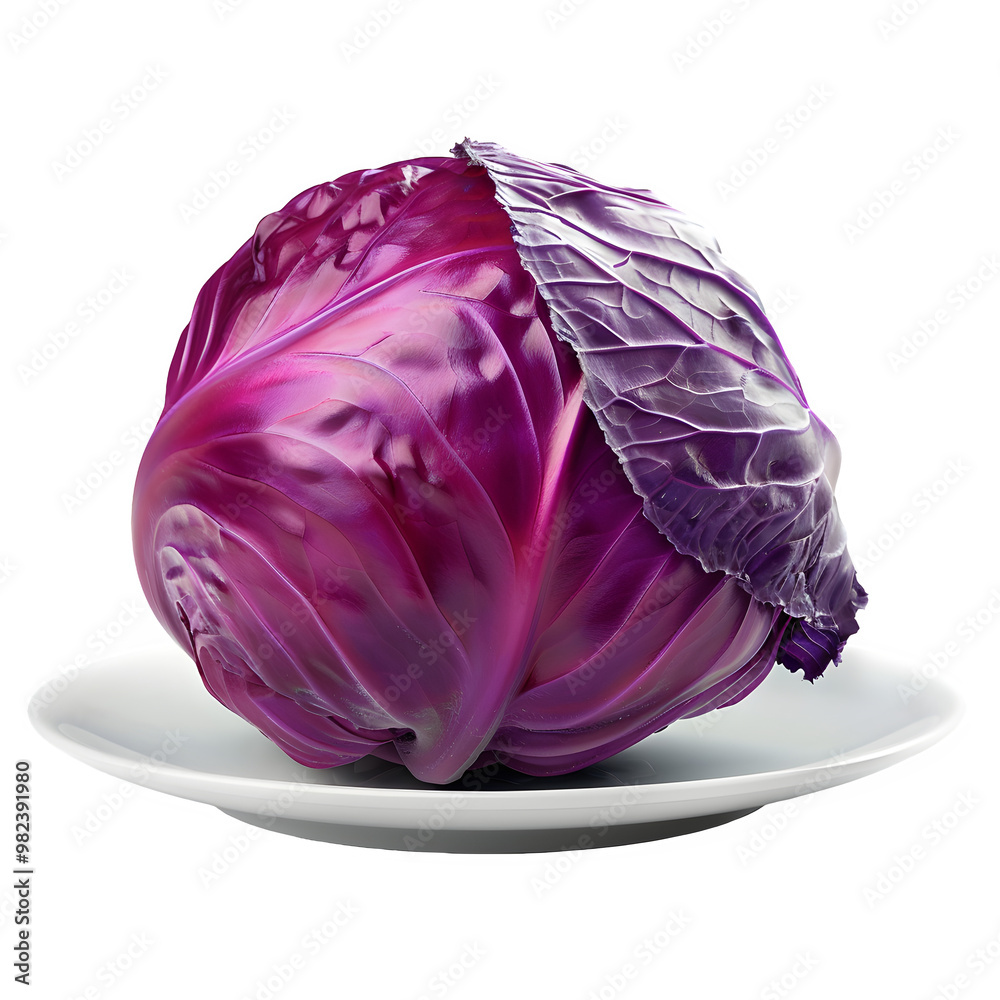 Obraz premium Vibrant purple cabbage sits on a white plate against a transparent background, showcasing its fresh and healthy appearance