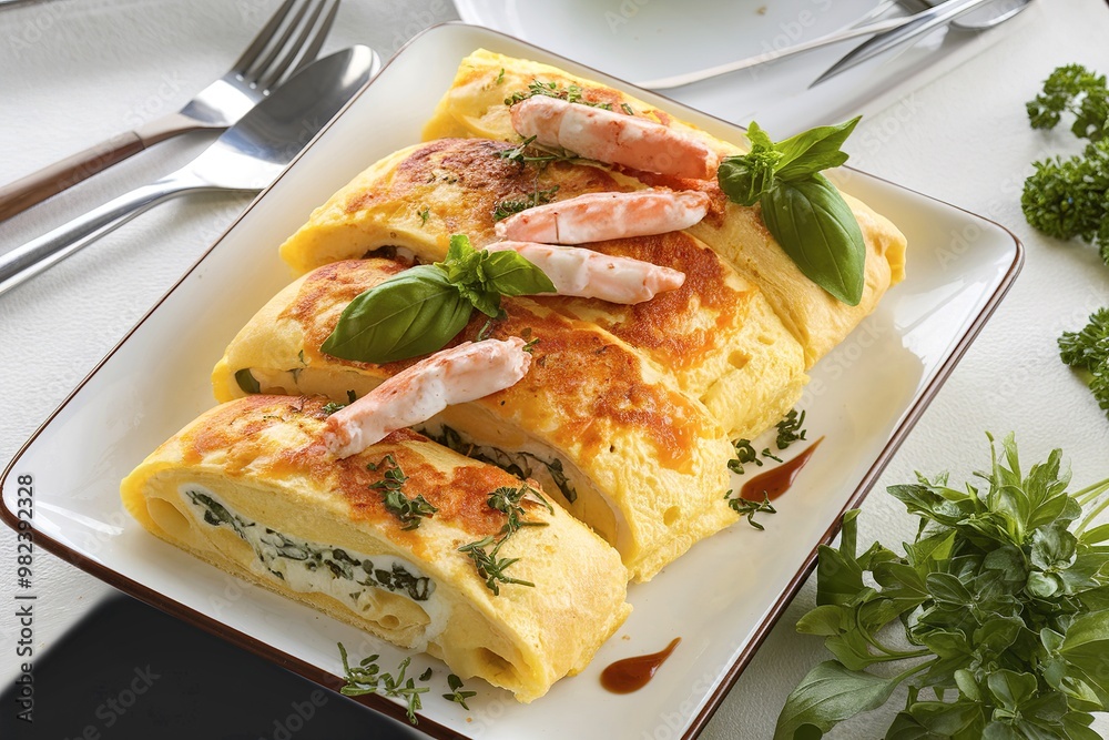 Sliced cheese omelette roll with herbs and crab sticks on a white plate Sliced cheese omelette roll with herbs and crab sticks on a white plate