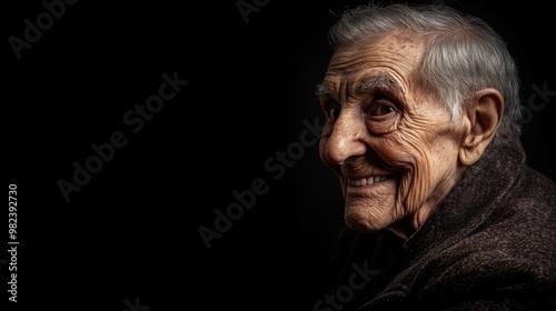 Portrait of Smiling Elderly Man with Expressive Eyes Against Dark Background