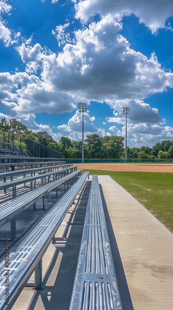 Fototapeta premium Empty baseball field metal bleachers blue sky green grass clouds summer outdoor sports nostalgic classic game day recreational park rural scenic softball stadium 