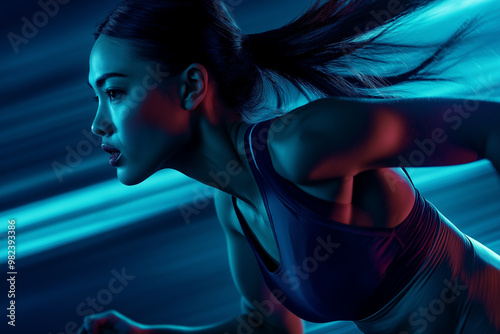 imagine striking fashion portrait Elegant studio photo Luxury Studio Shot of A strong athletic, woman wear wearing in the sportswear sprinter, running on black background