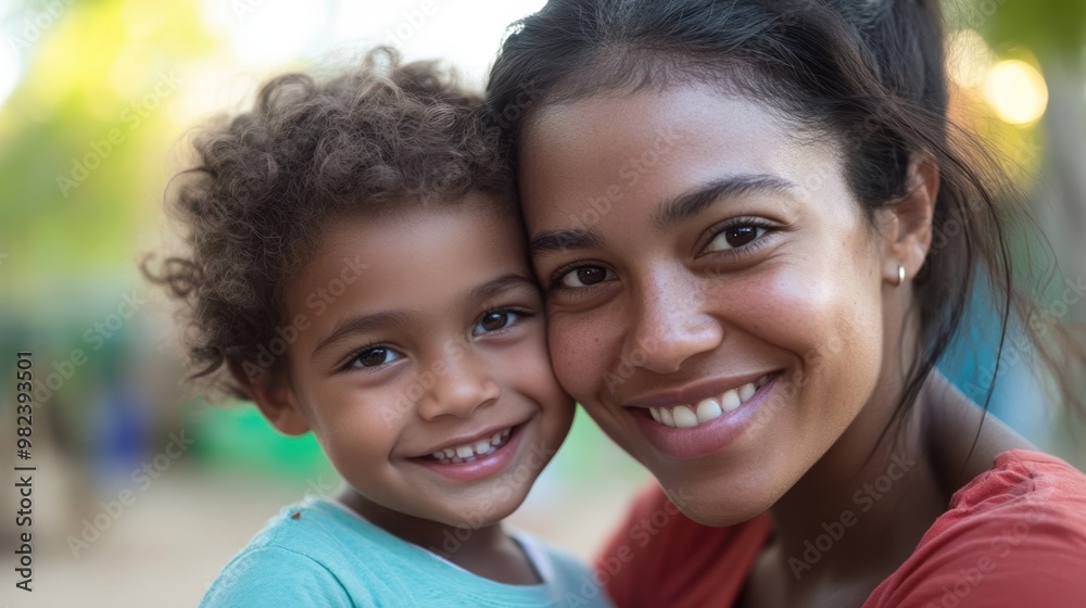 Heartwarming Portrait of Smiling Mother and Son Outdoors Heartwarming Portrait of Smiling Mother and Son Outdoors