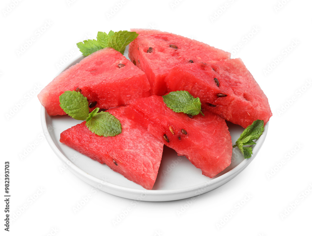 Pieces of tasty watermelon and mint isolated on white Pieces of tasty watermelon and mint isolated on white