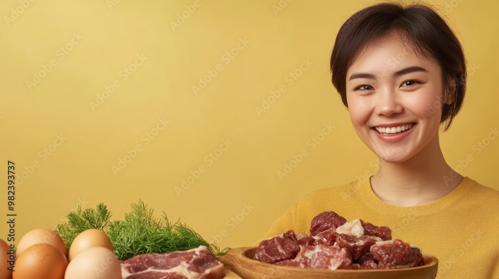 Smiling Woman Presenting Meat and Eggs on Yellow Background Smiling Woman Presenting Meat and Eggs on Yellow Background