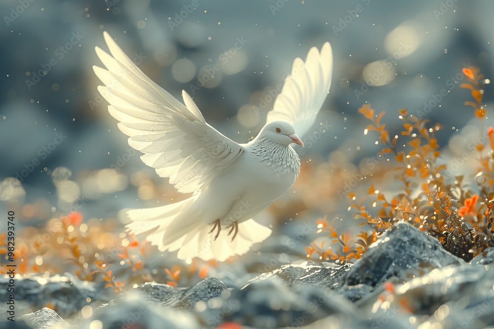 Fototapeta premium dove flying over a scene of destruction, symbolizing hope