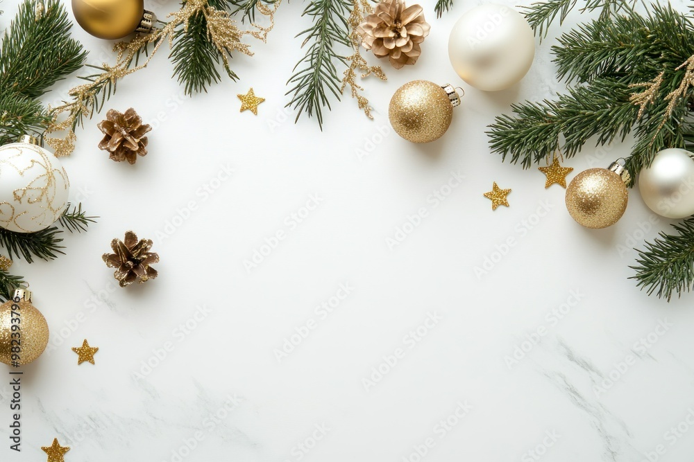 Festive Christmas Decorations on a White Marble Surface Festive Christmas Decorations on a White Marble Surface