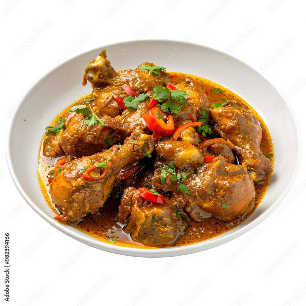 Flavorful and aromatic spicy chicken curry served in a white bowl, garnished with fresh herbs and sliced red chilies Flavorful and aromatic spicy chicken curry served in a white bowl, garnished with fresh herbs and sliced red chilies