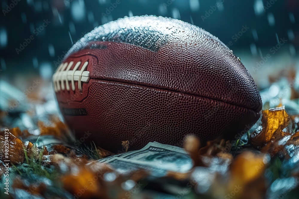 dramatic still life of official nfl football surrounded by cascading 100 bills spotlit against dark background symbolizing sports betting dramatic still life of official nfl football surrounded by cascading 100 bills spotlit against dark background symbolizing sports betting