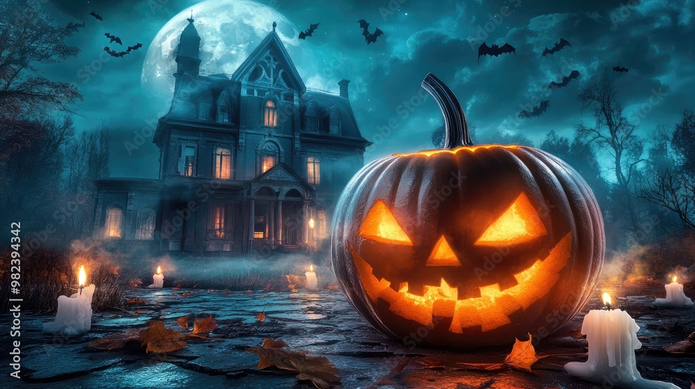 Halloween pumpkin with candlelight in front of a haunted house background, Halloween pumpkin with candlelight in front of a haunted house background,