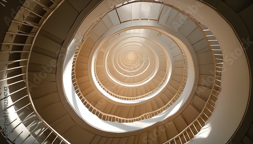 Symmetrical Spiral Staircase Captured from Below in Soft Natural Light