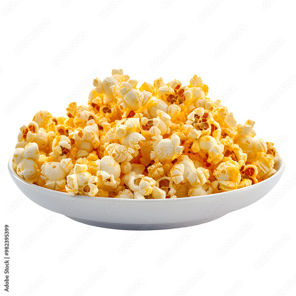 White bowl filled with fluffy, golden popcorn, perfect for movie nights or snacking, isolated on a transparent background White bowl filled with fluffy, golden popcorn, perfect for movie nights or snacking, isolated on a transparent background