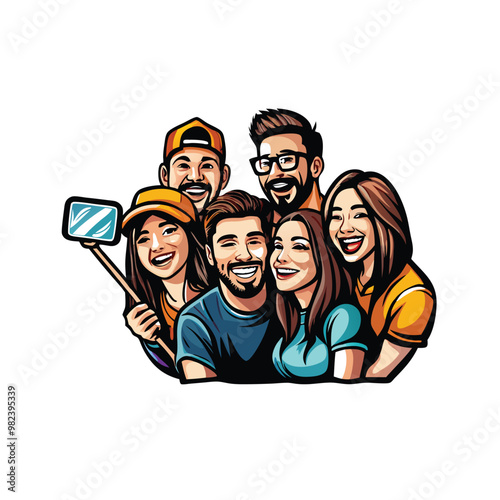 Create a realistic vector illustration of a group of friends taking a selfie.