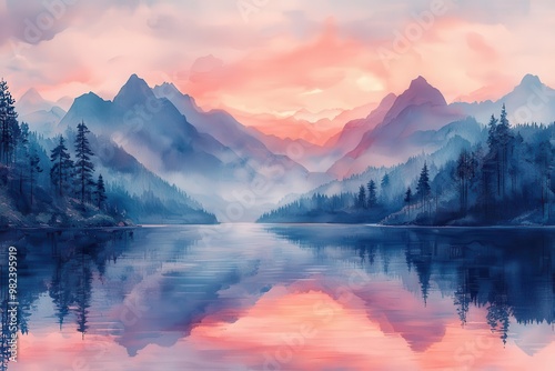 dreamy watercolor landscape of a tranquil lake at sunset with misty mountains in the background soft hues of pink purple and blue blend seamlessly