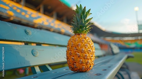 On a stadium bench a pineapple shaped like a rugby ball photo