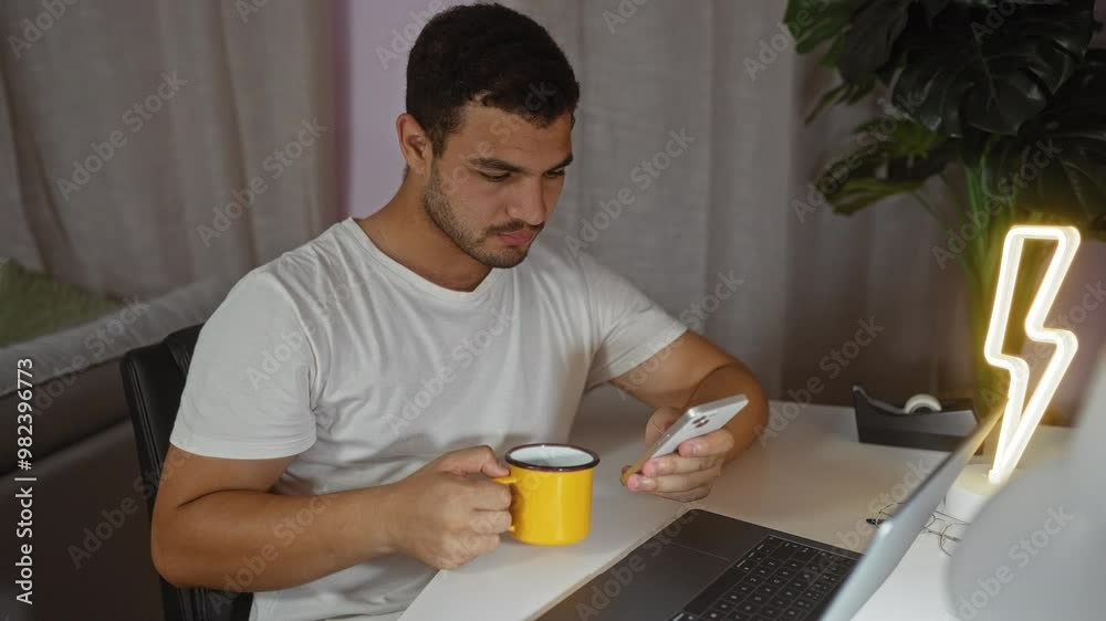 Young man sitting indoors in a living room holding a yellow mug and using a smartphone next to a laptop with a neon light in the background Young man sitting indoors in a living room holding a yellow mug and using a smartphone next to a laptop with a neon light in the background