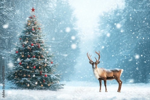 A Reindeer Standing in a Snowy Forest by a Decorated Christmas Tree