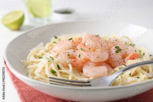 Delicious pasta with shrimps and cheese on table, closeup