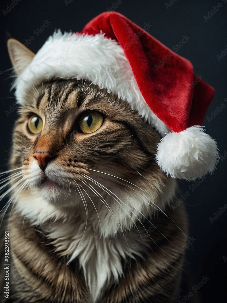 A cute cat wearing a Santa hat and looking up with a curious expression. The background features a blurred Christmas tree with warm lights, creating a festive and heartwarming atmosphere. A cute cat wearing a Santa hat and looking up with a curious expression. The background features a blurred Christmas tree with warm lights, creating a festive and heartwarming atmosphere.