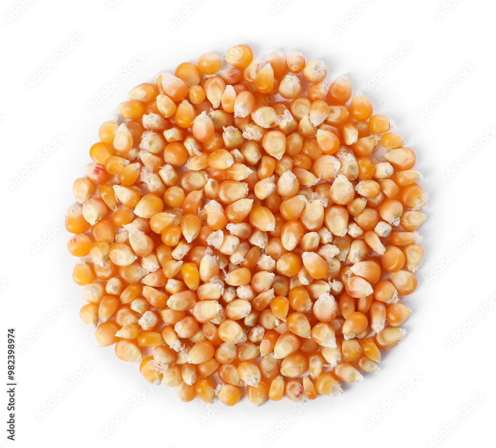 Pile of fresh corn kernels isolated on white, top view Pile of fresh corn kernels isolated on white, top view
