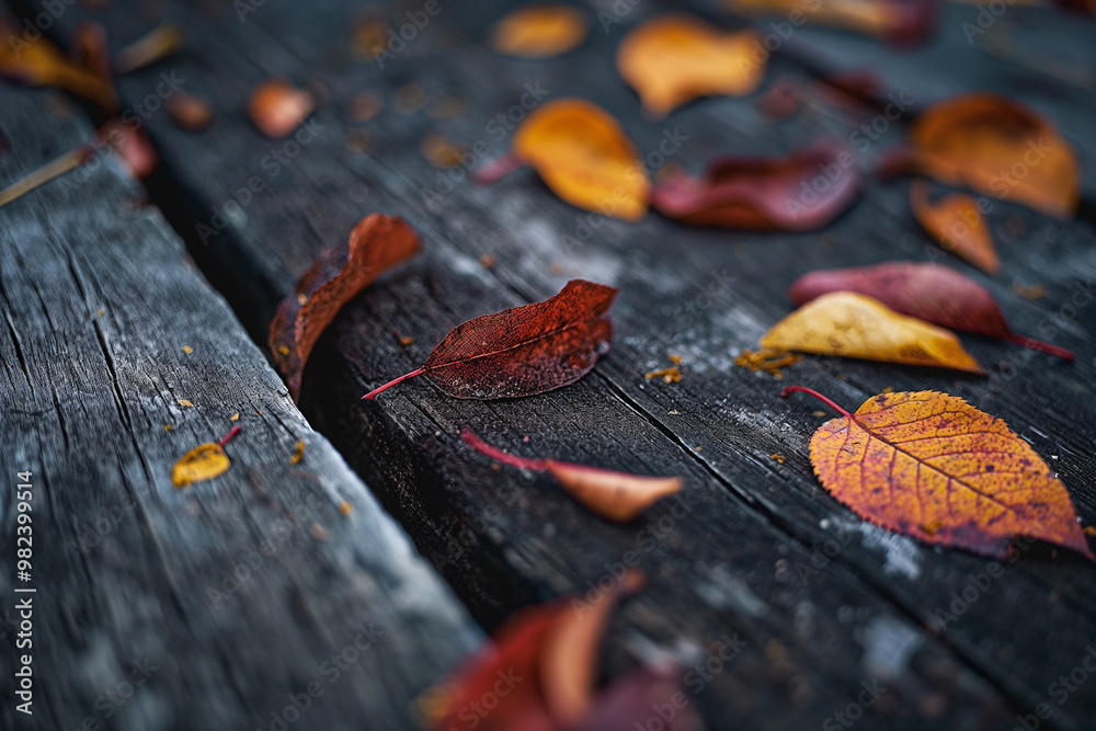 A close-up of colorful autumn leaves on an old wooden picnic table, with fallen leaves scattered around and the shadowed edges adding depth to the scene A close-up of colorful autumn leaves on an old wooden picnic table, with fallen leaves scattered around and the shadowed edges adding depth to the scene