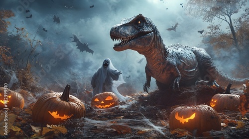 Fototapeta Naklejka Na Ścianę i Meble -  A Halloween-themed landscape featuring dinosaurs dressed in spooky costumes, like ghosts and mummies, amidst a backdrop of eerie pumpkins and cobwebs. The scene is set in a prehistoric jungle 