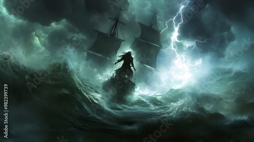 A ghostly pirate captain stands at the helm of a ship, his transparent form illuminated by flashes of lightning as stormy seas rage around him. The watercolor style gives the scene a dreamlike  photo