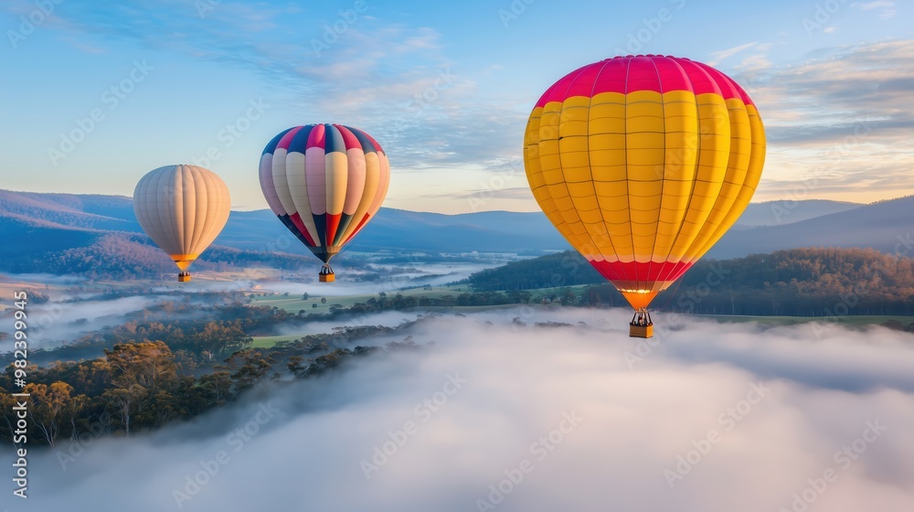 Fototapeta premium Dreamlike Foggy Morning with Balloons Emerging Through Mist