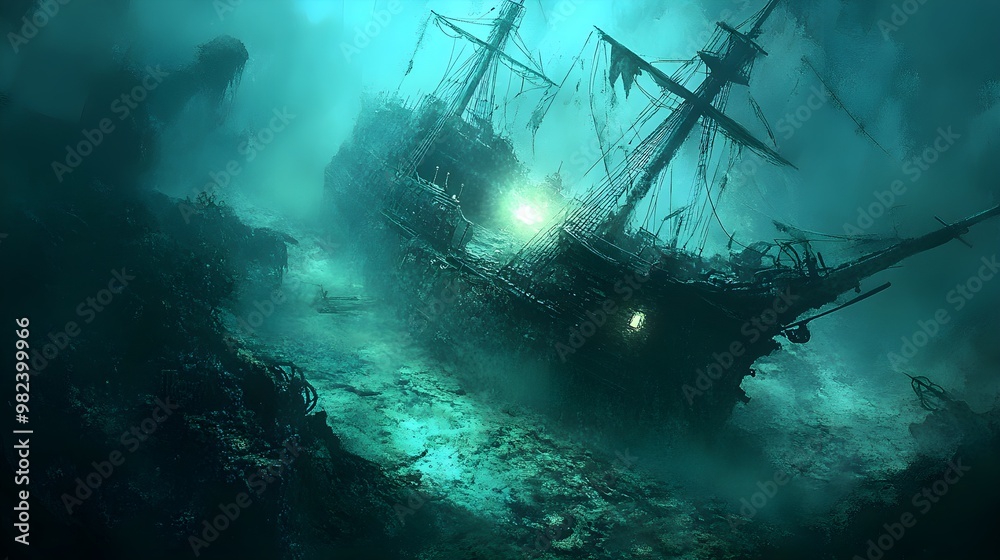 Obraz premium A haunted pirate shipwreck rests on the ocean floor, its broken hull glowing with eerie undersea light. Ghostly lights flicker through the sunken vessel, casting an otherworldly glow on the 