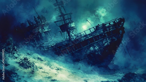 A haunted pirate shipwreck rests on the ocean floor, its broken hull glowing with eerie undersea light. Ghostly lights flicker through the sunken vessel, casting an otherworldly glow on the 