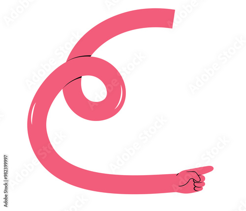 Pink quirky long hand showing direction, pointing at something, showing. Hand drawn vector illustration, isolated on white