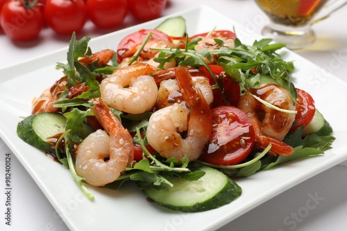 Delicious shrimp salad with vegetables on white table, closeup