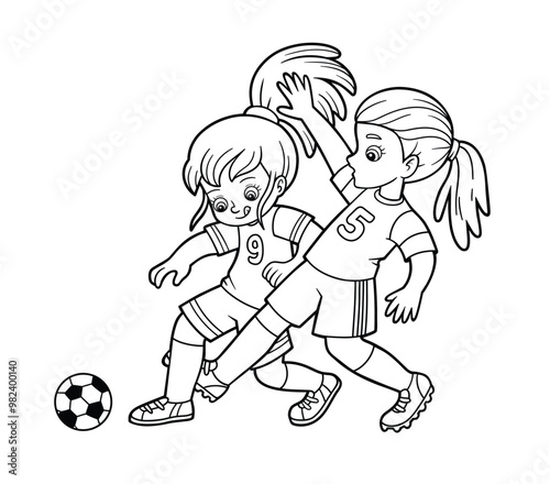 Coloring book for kids, Two girls playing football
