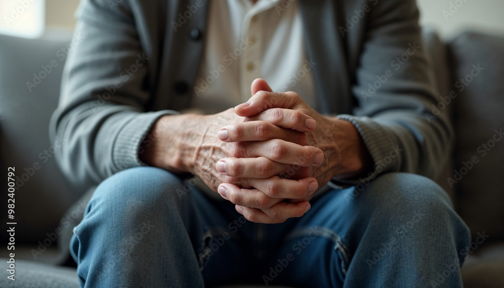 Cropped view, folded hands of unknown senior, man sitting on couch indoors. Close up shot of unrecognizable lonely retired male, deep in thoughts about senile diseases, loneliness in nursing house Cropped view, folded hands of unknown senior, man sitting on couch indoors. Close up shot of unrecognizable lonely retired male, deep in thoughts about senile diseases, loneliness in nursing house