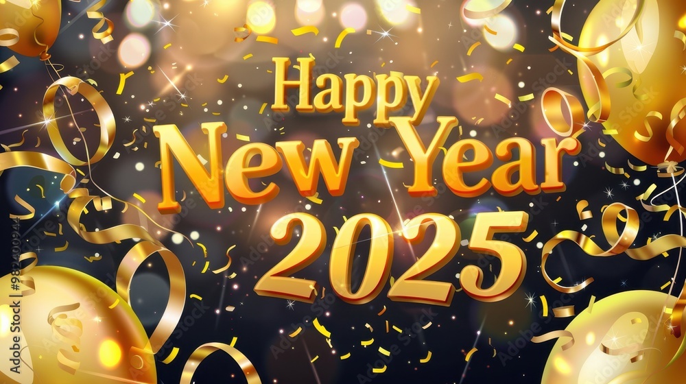 Φωτογραφία Celebration banner, Happy New Year 2025 in gold letters, streamers and balloons, large text area, festive background, bright lighting