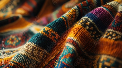Close-up of intricately patterned textile showcasing vibrant colors and textures.