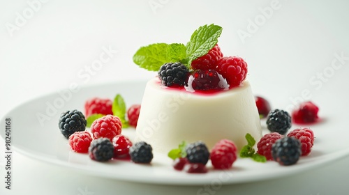 Creamy Dessert with Berries and Mint Garnish